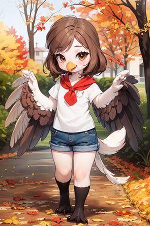 photorealistic, (masterpiece:1.2), best quality, 1girl, (Anthro, Avian), Bird, (Beak), ((Tail Feathers:1.4)), (((turkey girl))), (turkey tail), cute, (winged-arms), ((brown feathers, brown hair, brown skin)), (talons, claws), happy, child, chibi, shorts, autumn,