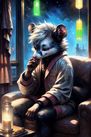 by kenket, by totesfleisch8, (by thebigslick, by silverfox5213:0.8), (by syuro:0.2), (by qupostuv35:1.2), (hi res), ((masterpiece)) , ((best quality)), illustration, furry, opossum, animal ears, body fur, 1boy, 1girl, solo, white hair, short hair, shaggy hair, black eyes, wry smile, half-closed eyes, opossum person sitting in armchair and eating takeout, (((androgynous))), young adult, living room, (((night, RGB lights, warm colors, lofi))), bathrobe, lofi 8bits, furry anthropomorphic opossum, furry opossum nose, ((gray fur, black hands, pink fingers)), FurryCore,sleepy