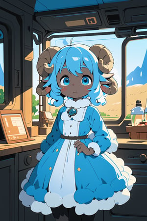 (masterpiece, best quality, highly detailed, ultra-detailed, intricate), anthro, furry, 1girl, cute, sheep girl, short light blue hair, curly_hair, curled_horns, blue eyes, sheep eyes, sheep ears, dark skin, scifi, cowboy_shot, layered_dress, alien scenery,FurryCore