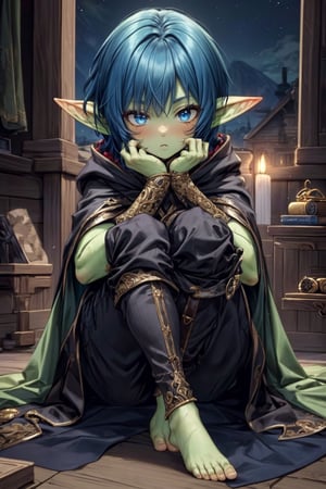 best quality, extremely detailed, HD, 8k, extremely intricate:1.3, nice hands, perfect anatomy, full_body, handsome, 1boy, male_focus, solo, (((androgynous))) (goblin boy) Rune Ul Koval, goblin ears, ((colored skin, green skin)), (((pixiecut hair, blue hair, dark hair))), blue gray eyes, black adventurer tunic, black cloak, pants, barefoot, (wrapped ankles, wrapped wrists), rogue, daggers, (insanely detailed, beautiful detailed face, masterpiece, best quality), volumetric lighting, best quality, masterpiece, intricate details, tonemapping, sharp focus, hyper detailed,1boy, nighttime
