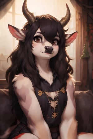 (anthro, furry), portrait, (zebu) girl, beautiful, cute, (red fur), (droopy ears, long drooping ears), brown hair, long hair, dark brown eyes, horns, black cow nose, (flat_chested), fantasy clothes, indicine cattle,nodf_lora