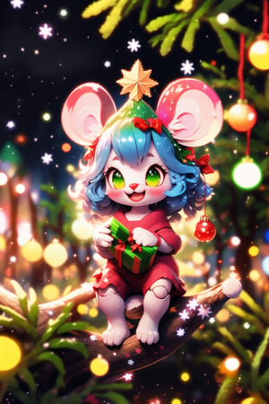 (Child character:1.2), candyland, doll joints, mini_girl, anthro, furry, kemono, ((mouse girl)), smile, (climbing the branches of a christmas tree), multicolored christmas lights, ornaments, (shiny), cute, dreamy, colorful, full background, perfect hands, (depth of field), rainbow, glitter, scenery, (shiny:1.2), various colors, (gradients), focus face, beads, ,furry