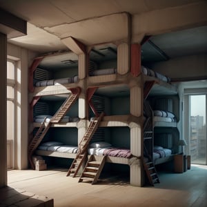 brutaltech, cement, scifi, barracks interior, bunk beds, indoors, dim