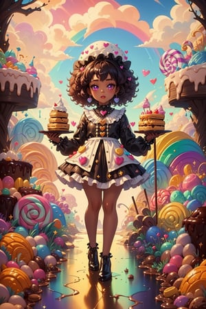 black girl,curly afro, (Masterpiece, best quality), highly detailed, fantasy, candyland, young girl,child, candy print, full body, (detailed eyes, detailed face), (candy clothing:1.1), frilled skirt, center frills, (shiny), (details), perfect, beautiful, dreamy, heart, colorful, vivid, cinematic, full background, perfect hands, fantasy, (depth of field), rainbow, syrup, cookie, macaron, chocolate bar, glitter, scenery, drizzle, (shiny:1.2), various colors, (gradients), dripping, (glaze), ((food focus)), focus face, beads,