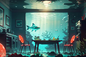 masterpiece, best quality, highres, indoors, (underwater ambiance:1.1), room, kitchen, table, fridge, air bubbles, seaweed, barnacles, coral, scifi, aquatic, bioluminescent, gelatintech, see-through, transparent, giggly,