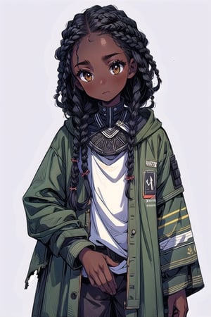 (masterpiece), (outline), best quality, nice hands, 1girl, solo, cute, dark skin, brown eyes, young, child, Fulani braids, white background, apocalypse, torn clothes, dirty clothes, Dark Fantasy,post-apocalypic_fashion