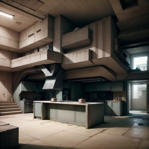 brutaltech, cement, scifi, kitchen, indoors,