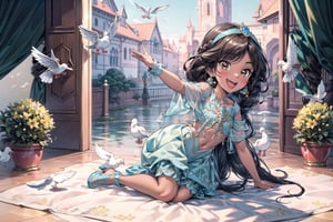 masterpiece, best quality, extremely detailed, HD, 8k, intricate, nice hands, ((brown skin)), AGE REGRESSION, 1 girl, solo, full_body, cuteloli, CHILD, cartoon,Jasmine, black hair, braid, laughing, laughing eyes, happy, giddy, cheerful, palace scene, doves