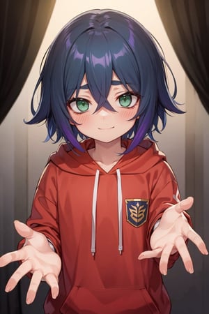 masterpiece, best quality, highest quality, highly detailed, nice hands, perfect hands, (Handsome Man), 1boy, solo, (((green eyes))), wolf_cut_hairstyle, medium hair, ((bangs, hair between eyes)), (((blue hair that fades to purple, gradient hair))), thick eyebrows, bushy eyebrows, black eyebrows, ((red hoodie)), bags_under_eyes, depressed, smiling, (gradients), cinematic light, cinematic view, original, highres, perfect_anatomy, 1boy