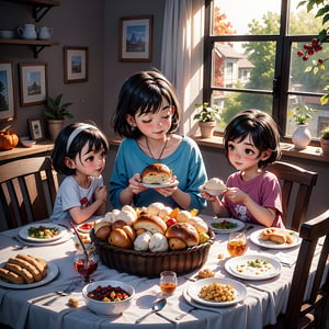 super cute family, natural light, Adorable, pixar style, (masterpiece), (best quality), highres, highly detailed, watercolor, watercolor_art, traditional art, watercolor splashes, paintstrokes, watercolor (medium), having vegan thanksgiving dinner, in a dining room, vegetables, mashed poatoes, cranberry sauce, bread rolls, corn, round table, vibrant, sparkling, autumn outside,