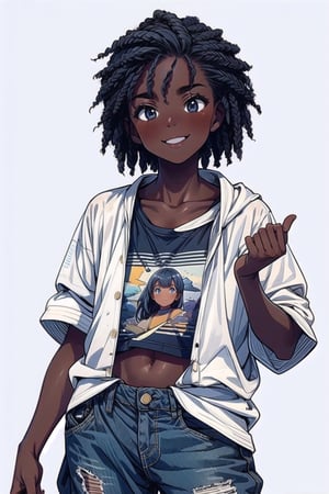 (masterpiece), (outline), best quality, 1girl, solo, dark skin, white background, apocalypse, torn clothes, dirty clothes, smile, Dark Fantasy