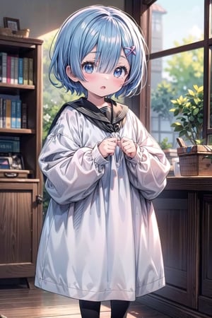 masterpiece, best quality, extremely detailed, HD, 8k, intricate, nice hands, AGE REGRESSION, 1 girl, oversized_clothes, cuteloli, CHILD, OVERSIZED CLOTHES,cartoon, Rem