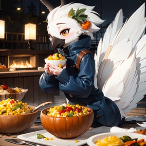 photorealistic, (masterpiece:1.2), best quality, vegetable, corn, squash, (Anthro, Avian), Bird, Beak, (Tail Feathers:1.4), (((turkey))), cute, dinner time, (Thanksgiving), presenting food, orange theme,