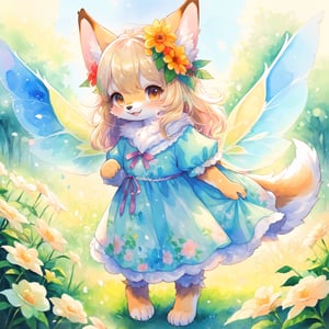 (masterpiece), (best quality), highres, highly detailed, watercolor, watercolor_art, traditional art, watercolor splashes, paintstrokes, furry, anthro, (Child character:1.5), 1girl, dog, dog girl, smile, translucent fairy-wings, iridescent wings, blonde hair, brown eyes, fluffy yellow fur, giant flowers, light flowery dress, barefoot, playful, dynamic movement,watercolor (medium), perfect hands,furry