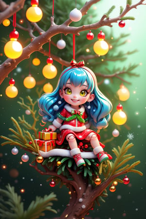 (Child character:1.2), candyland, doll joints, mini_girl, smile, (climbing the branches of a christmas tree), multicolored christmas lights, ornaments, (shiny), cute, dreamy, colorful, full background, perfect hands, (depth of field), rainbow, glitter, scenery, (shiny:1.2), various colors, (gradients), focus face, beads, 