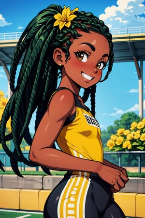 (masterpiece), best quality, deep shadow, highly detailed, scenery, profile, 1girl, black girl, smile, looking at viewer, blush, (braids), (green hair:1.15), (brown eyes), (dark skin), ((yellow flowers in hair)), dynamic pose, (running), flowers on head, flowing braids, (flat_chested),dreadlocks,track uniform,race track,Add more detail