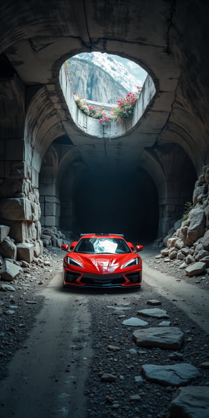 In a breathtaking fusion of modern design and timeless artistry, the image features a dynamic red sports car centered within a vast, dimly lit underground garage, reminiscent of a stone monolith. The vehicle's glossy finish reflects the overhead lighting, accentuating its sculpted, aerodynamic lines and performance-oriented design, much like the intricate details of a stone statue. Surrounding the car, the concrete environment, with its grey tones and structural beams, creates a stark contrast that enhances the vehicle's vibrant color and sleek appearance.\n\nIn a nod to the natural world, the garage's raw, industrial simplicity is interrupted by subtle motifs of stone and rubble, evoking the essence of a rocky area where ancient artistry thrives. The lighting delicately highlights the geometric shapes and contours of both the car and the garage, while hinting at the beauty of craftsmanship found in a statue adorned with flowering hair. This blend of elements captures a sense of speed and elegance, while also paying homage to the artistic value of nature's raw materials.\n\nThe composition not only showcases the car's performance capabilities but also invites the viewer to appreciate the beauty of design in all forms, where modern engineering meets the timeless allure of stone artistry. The scene resonates with a harmonious balance, encapsulating the essence of movement and stillness, innovation and tradition, in a striking visual narrative.