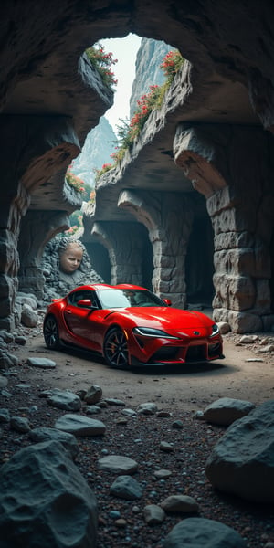 In a breathtaking fusion of modern design and timeless artistry, the image features a dynamic red sports car centered within a vast, dimly lit underground garage, reminiscent of a stone monolith. The vehicle's glossy finish reflects the overhead lighting, accentuating its sculpted, aerodynamic lines and performance-oriented design, much like the intricate details of a stone statue. Surrounding the car, the concrete environment, with its grey tones and structural beams, creates a stark contrast that enhances the vehicle's vibrant color and sleek appearance.\n\nIn a nod to the natural world, the garage's raw, industrial simplicity is interrupted by subtle motifs of stone and rubble, evoking the essence of a rocky area where ancient artistry thrives. The lighting delicately highlights the geometric shapes and contours of both the car and the garage, while hinting at the beauty of craftsmanship found in a statue adorned with flowering hair. This blend of elements captures a sense of speed and elegance, while also paying homage to the artistic value of nature's raw materials.\n\nThe composition not only showcases the car's performance capabilities but also invites the viewer to appreciate the beauty of design in all forms, where modern engineering meets the timeless allure of stone artistry. The scene resonates with a harmonious balance, encapsulating the essence of movement and stillness, innovation and tradition, in a striking visual narrative.