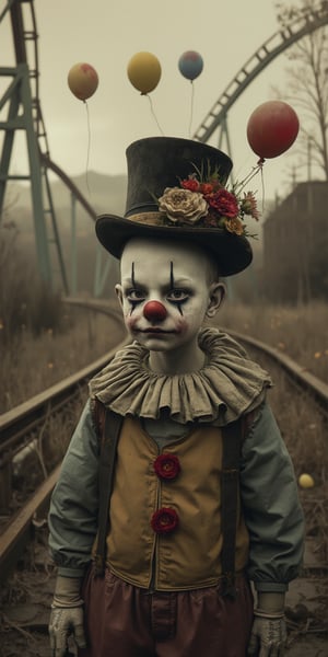 The image is a vintage sepia-toned photograph, exuding a nostalgic charm with weathered effects that enhance its melancholic theme. The clown, with his pale, gaunt skin and deep-set, somber eyes, captures the viewer's attention, his sad and lonely expression evoking a sense of empathy. Framed within the composition, the slightly askew worn velvet top hat, adorned with wilted flowers in faded reds, yellows, and blues, adds a touch of forgotten whimsy to his forlorn demeanor. His peeling crimson nose and dirty, slightly torn white gloves further emphasize the passage of time and the weariness of his character.

In the background, the abandoned amusement park sets a desolate scene, with rusty roller coaster tracks and crumbling supports that speak to the decay of once joyful memories. The overgrown weeds weave through the forgotten tracks, while vibrant balloons escape into the gloomy sky, contrasting sharply with the somber color palette. The soft, diffused lighting casts gentle shadows, lending a haunting quality to the image, while the overall composition encapsulates a poignant blend of nostalgia and sorrow, inviting viewers to reflect on the fleeting nature of happiness.