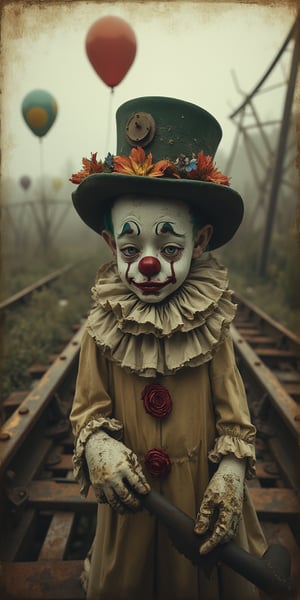 The image is a vintage sepia-toned photograph, exuding a nostalgic charm with weathered effects that enhance its melancholic theme. The clown, with his pale, gaunt skin and deep-set, somber eyes, captures the viewer's attention, his sad and lonely expression evoking a sense of empathy. Framed within the composition, the slightly askew worn velvet top hat, adorned with wilted flowers in faded reds, yellows, and blues, adds a touch of forgotten whimsy to his forlorn demeanor. His peeling crimson nose and dirty, slightly torn white gloves further emphasize the passage of time and the weariness of his character.

In the background, the abandoned amusement park sets a desolate scene, with rusty roller coaster tracks and crumbling supports that speak to the decay of once joyful memories. The overgrown weeds weave through the forgotten tracks, while vibrant balloons escape into the gloomy sky, contrasting sharply with the somber color palette. The soft, diffused lighting casts gentle shadows, lending a haunting quality to the image, while the overall composition encapsulates a poignant blend of nostalgia and sorrow, inviting viewers to reflect on the fleeting nature of happiness.