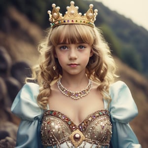 a goddess preteen with beautiful detailed face with big brown happy eyes blond hairs with bangs hairs , full dress made of colourful shining pearls and wearing crown . full view beautiful scenery, showing completely above the waist, in an ultra-realistic style, captured with a Hasselblad H6D-400c Multi-shot, Mitakon Speedmaster 300mm f/5.6 XCD and cinematic CGI.