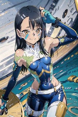 character in art Anime Thin teenager tanned skin long black hair thin facial features dressed in combat armor similar to an American football protector, It has a white color with blue and yellow details, and covers the chest, highlighting the eyes, the shoulders, the waist and legs with a blue latex suit tight to the legs and hips, highlighting her buttocks. She also wears a tracker, she has an earpiece shape in her left eye, a small screen adapted to the eye with a stand attached to the left earpiece, cute smile, cool pose.