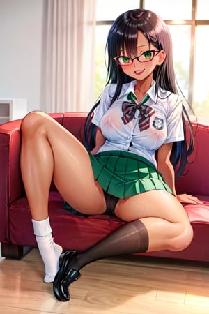 Hayase Nagatoro tanned skin, high school uniform, emerald green, pleated skirt, white socks, black shoes, polished,nagatoro_hayase_donttoywithmemissnagatoro