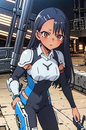 Japanese girl anime style photography, wears the Spartan armor has a futuristic design in blue with angular lines and technical details. In her left hand she carries a silver commando rifle, resting the stock on her arm and placing the rifle at an angle, in the background a futuristic scene, lights and technical details, a ship hangar.