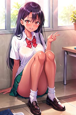 Hayase Nagatoro tanned skin, high school uniform, emerald green, pleated skirt, white socks, black shoes, polished