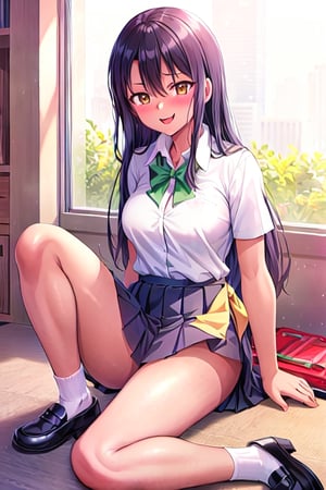 Hayase Nagatoro tanned skin, high school uniform, emerald green, pleated skirt, white socks, black shoes, polished