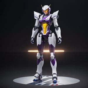 young Girl, racing decals, number and letters racing fonts decals on surface, Full Body shot, (perfect anatomy), (athletic body), (intricate geometric robotic white body armor, Deep Purple and Red accents), (looking at viewer), (medium shot photograph), photorealistic,mecha musume,mecha,Mecha