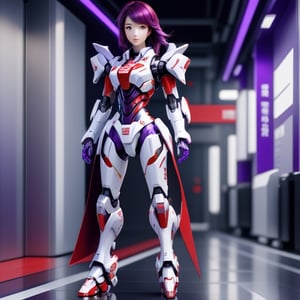 young Girl, racing decals, number and letters racing fonts decals on surface, Full Body shot, (perfect anatomy), (athletic body), (intricate geometric robotic white body armor, Deep Purple and Red accents), (looking at viewer), (medium shot photograph), photorealistic,mecha musume,mecha,Mecha