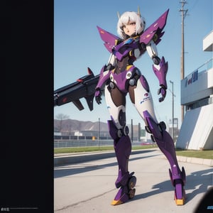 young Girl, racing decals, number and letters racing fonts decals on surface, Full Body shot, (perfect anatomy), (athletic body), (intricate geometric robotic white body armor, Deep Purple and Red accents), (looking at viewer), (medium shot photograph), photorealistic,mecha musume,mecha,Mecha