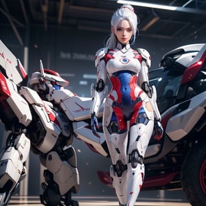 woman in her 20s, racing decals, number and letters racing fonts, Full Body shot, (perfect face), defined jawline, beautiful lips, (beautiful blue eyes), (white hair, ponytail), (perfect anatomy), (athletic body), (sexy), (perfect hands), (intricate geometric robotic white body armor, Deep Purple and Red accents), (looking at viewer), (medium shot photograph), photorealistic,mecha musume,mecha