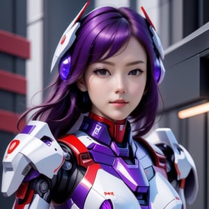 young Girl, racing decals, number and letters racing fonts decals on surface, Full Body shot, (perfect anatomy), (athletic body), (intricate geometric robotic white body armor, Deep Purple and Red accents), (looking at viewer), (medium shot photograph), photorealistic,mecha musume,mecha,Mecha