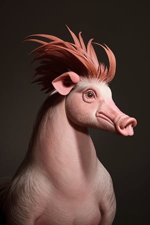 A rooster with a pig head, photorealistic, wide shot