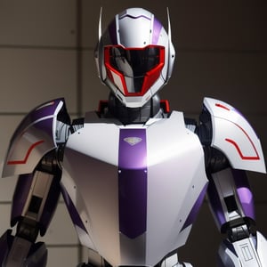 racing decals, number and letters racing fonts decals on surface, Full Body shot, (perfect anatomy), (athletic body), (intricate geometric robotic white body armor, Deep Purple and Red accents), (looking at viewer), (medium shot photograph), photorealistic,mecha musume,mecha,Mecha