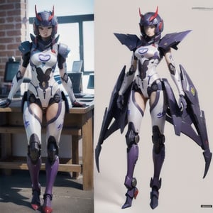 young Girl, racing decals, number and letters racing fonts decals on surface, Full Body shot, (perfect anatomy), (athletic body), (intricate geometric robotic white body armor, Deep Purple and Red accents), (looking at viewer), (medium shot photograph), photorealistic,mecha musume,mecha,Mecha