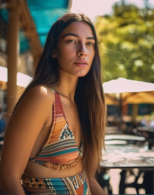 sharp focus photo (close up) of a young (Chilean:1.5) woman in an outdoor cafe, 22 years old, slim petite figure with long hair, from above, (wearing cultural) (Bikini:1.5), standing in front of art-covered facade, (real skin:1.4), (small breasts:1.3)