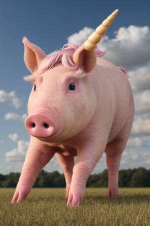 A pig unicorn, photorealistic, wide shot