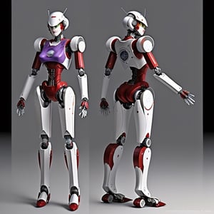 young Girl, racing decals, number and letters racing fonts decals on surface, Full Body shot, (perfect anatomy), (athletic body), (intricate geometric robotic white body armor, Deep Purple and Red accents), (looking at viewer), (medium shot photograph), photorealistic,mecha musume,mecha,Mecha