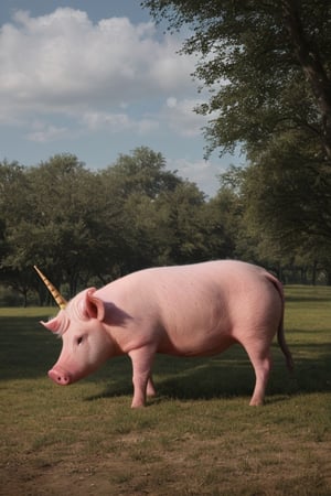 A pig unicorn, photorealistic, wide shot