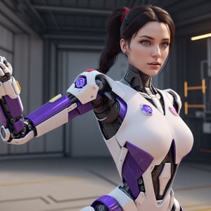 woman in her 20s, (perfect face), defined jawline, beautiful lips, (beautiful blue eyes), (white hair, ponytail), (perfect anatomy), (athletic body), (sexy), (perfect hands), (intricate geometric robotic white body armor, purple and Red accents), (looking at viewer), (medium shot photograph), (futuristic industrial factory background), photorealistic  D.Va suit inspired, Overwatch videogame character, white purple suit,