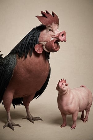 A rooster with a pig  head, photorealistic, wide shot