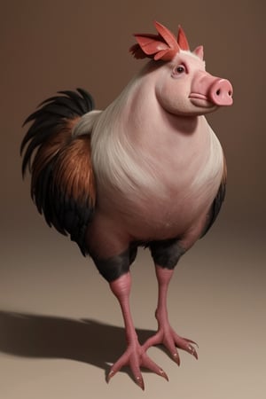 A rooster with a pig head, photorealistic, wide shot