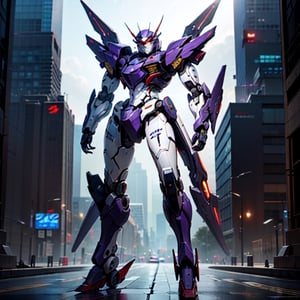  racing decals, number and letters racing fonts, Full Body shot, (perfect anatomy), (athletic body), (intricate geometric robotic white body armor, Deep Purple and Red accents), (looking at viewer), (medium shot photograph), photorealistic,mecha musume,mecha,Mecha