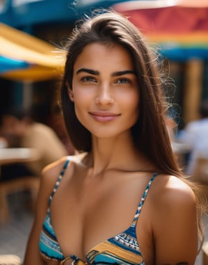 sharp focus photo (close up) of a young (Chilean:1.5) woman in an outdoor cafe, 22 years old, slim petite figure with long hair, from above, (wearing cultural) (Bikini:1.5), standing in front of art-covered facade, (real skin:1.4), (small breasts:1.3)