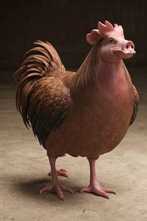 A rooster with a pig  head, photorealistic, wide shot