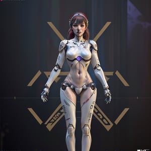 young Girl, racing decals, number and letters racing fonts decals on surface, Full Body shot, (perfect anatomy), (athletic body), (intricate geometric robotic white body armor, Deep Purple and Red accents), (looking at viewer), (medium shot photograph), photorealistic,