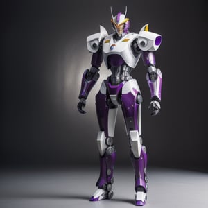  racing decals, number and letters racing fonts, Full Body shot, (perfect anatomy), (athletic body), (intricate geometric robotic white body armor, Deep Purple and Red accents), (looking at viewer), (medium shot photograph), photorealistic,mecha musume,mecha,Mecha